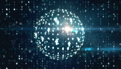 Digital Network Globe: A luminous globe of interconnected nodes and data streams against a dark, futuristic background, evoking technological innovation.