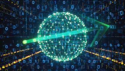 Digital Universe Visualization: A glowing digital sphere represents the vastness of the digital universe, with a green arrow symbolizing progress and growth amidst a matrix of binary code.