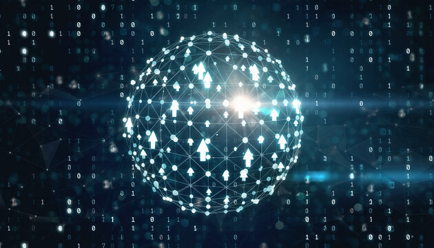 Digital Network Globe: A luminous globe of interconnected nodes and data streams against a dark, futuristic background, evoking technological innovation.