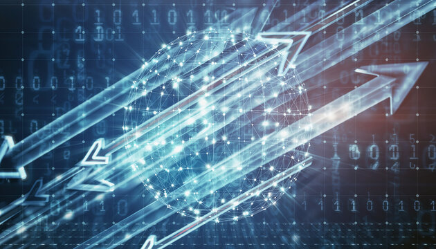 Digital Ascent: Dynamic arrows surge upward amidst a matrix of binary code, symbolizing growth, progress, and the digital evolution of innovation. 