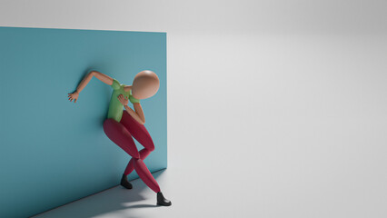 3D Rendered Image of Basic Posed Figure Leaning Against a Wall in Devastation, Hand on Chest Over Heart, Expressing Pain, Grief, Loss, and Emotional Crisis, Isolated on Solid Background, 3D Render