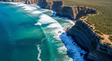 Dramatic Coastal Cliffs and Turquoise Ocean Waves, Great Ocean Road, Australia.