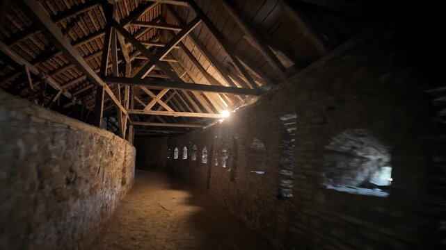 Prejmer Fortified Church interior corridor with stone walls, wooden roof beams and small windows casting dim, mysterious light. UNESCO site of Romania in Transylvania
