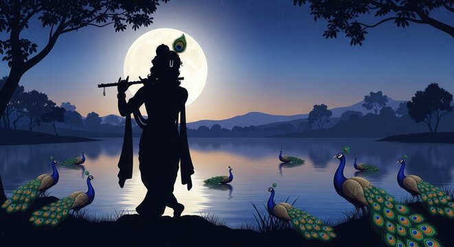 Krishna Silhouette by Moonlit Lake. Divine Night Scene Background.