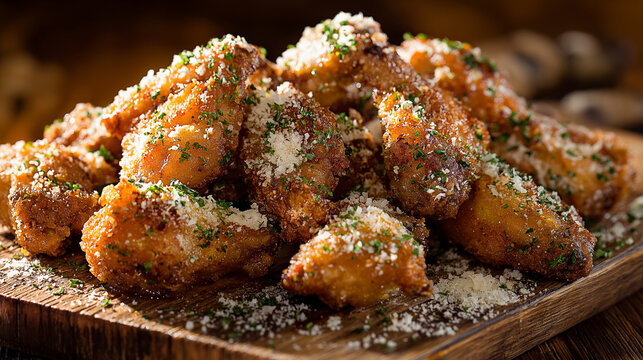 crispy mini garlic parmesan wings coated with buttery garlic glaze, sprinkled with grated parmesan, rustic wooden tray, warm cozy lighting, macro crunchy texture, shallow depth of field
