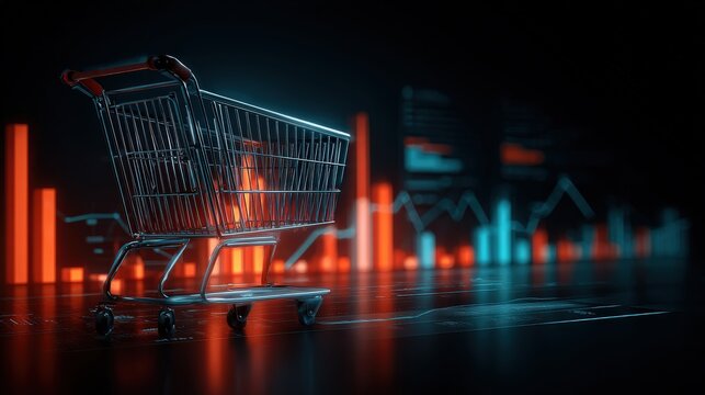 A shopping cart stands against vibrant digital graphs, symbolizing e-commerce and data analytics in a modern retail environment.