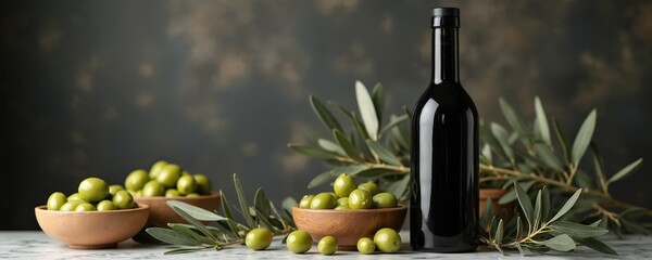 Naklejka premium Black glass bottle with fresh green olives in wooden bowls. Olive branches frame dark moody background. Premium quality extra virgin oil for healthy cuisine.