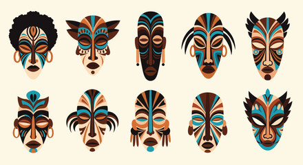 Collection of ten vibrant and colorful African tribal masks in a flat design style.