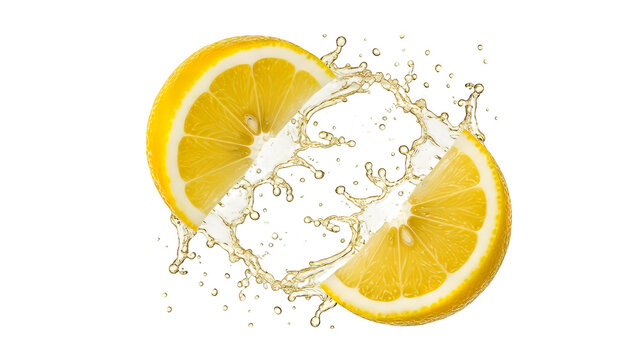 Realistic fresh lemon cut in two halves with a refreshing citrus juice splash exploding between the pieces, isolated on transparent background