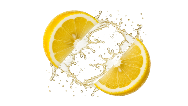 Realistic fresh lemon cut in two halves with a refreshing citrus juice splash exploding between the pieces, isolated on transparent background