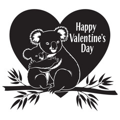 Happy Valentine's Day greeting card with cute koala mother and baby hugging. Black and white vector silhouette illustration with heart background.