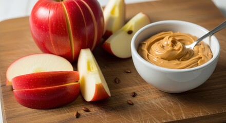 Sliced red apples and a whole apple next to a bowl of creamy peanut butter with a spoon on a wooden board.