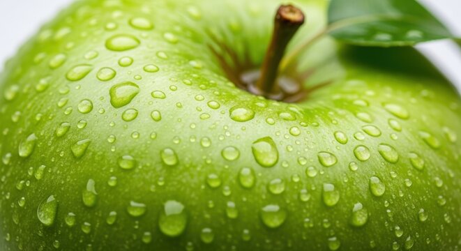 A close-up shot of a fresh green apple covered in glistening water droplets, highlighting its vibrant texture.