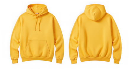 Two plain yellow hooded sweatshirts shown from the front and back isolated on transparent background
