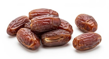 Obraz premium A close-up shot of several dried dates, showing their wrinkled brown skin and sweet texture, isolated on a clean white background.
