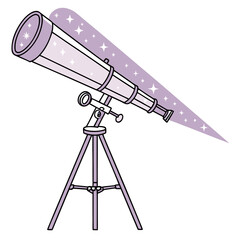 Cartoon telescope on a tripod looking at a starry purple nebula with shimmering stars © pppp