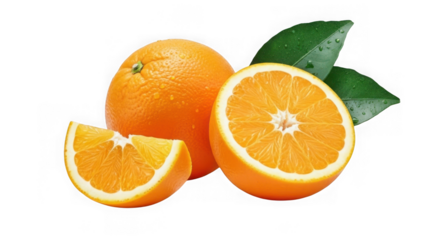 Fresh ripe oranges with leaves one whole orange one half orange and one wedge isolated on transparent background