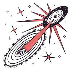 Stylized illustration of a black hole with a jet of energy and surrounding stars and nebulae © pppp