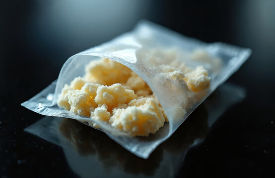 Closeup of small transparent plastic bag with yellowish white crack cocaine look alike substance. Bag is open, substance looks like crumbled lumps. Dark background, reflective surface.