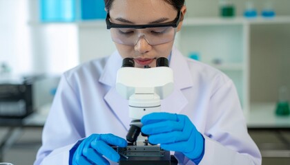 Scientist in Lab: A dedicated scientist meticulously examines samples through a microscope in a state-of-the-art laboratory setting, focused on research and scientific discovery.