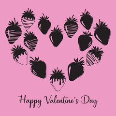 Heart Shaped Arrangement of Chocolate Dipped Strawberries, Happy Valentine's Day Greeting Vector Illustration on Pink Background