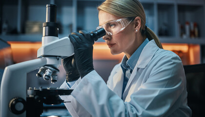 Scientist's microscope gaze: A focused scientist peers into a microscope, fully immersed in her research. Capturing the essence of scientific exploration and discovery.