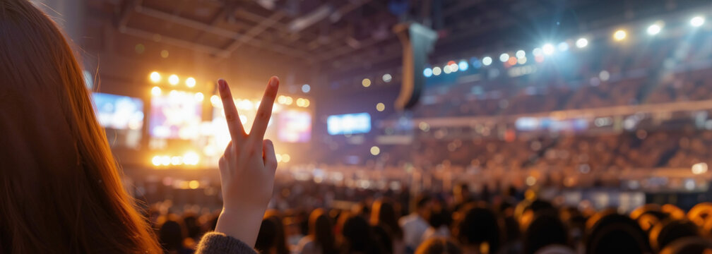 Female hand making peace sign gesture silhouetted against bright multi-colored concert stage lights during live band performance with film grain texture