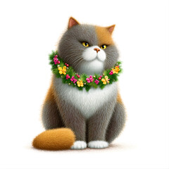 Grumpy but Cute Cartoon Cat Wearing a Bright, Festive Flower Wreath 