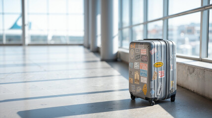 scuffed grey polycarbonate carry-on suitcase covered in overlapping vintage travel stickers from Paris Tokyo and rock band decals on a polished concrete airport floor