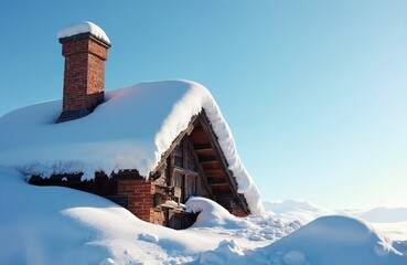 Old cabin covered in deep snow near mountains. Heavy snow accumulation on wooden house roof and brick chimney. Bright clear blue sky above wintry landscape scene.