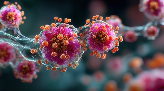 Close-up of spherical virus-like cells in soft pink environment