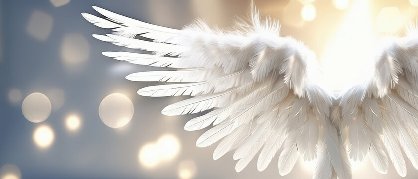 White angel wings with soft feathers on a glowing background. Spiritual concept of heaven, faith, and divinity. Abstract background with bokeh lights and copy space