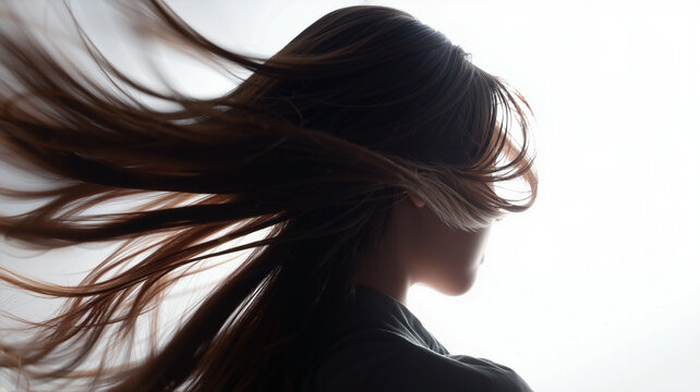 Tight semi-abstract action shot of thick long hair mid-whip, creating a sculptural form with intense motion blur and clean backlighting against a high-key white studio.
