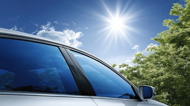 A sleek car door with tinted windows under a bright sun, surrounded by lush green foliage, conveying a sense of freedom and adventure.