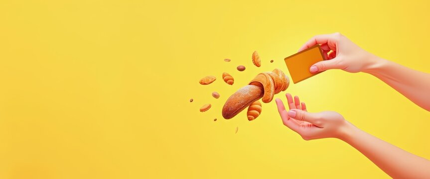 Hand paying with a credit card for online bakery delivery. Levitating croissants and bread on a yellow background. Food e-commerce and contactless payment concept with copy space - Powered by Adobe