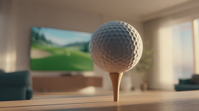 A golf ball on a tee in a living room setting, showcasing a TV screen displaying a golf course in the background. - Powered by Adobe