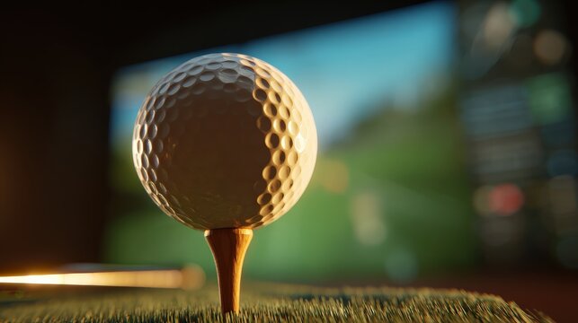 A close-up of a golf ball on a tee, set against a blurred background that hints at a golf course or simulation environment.