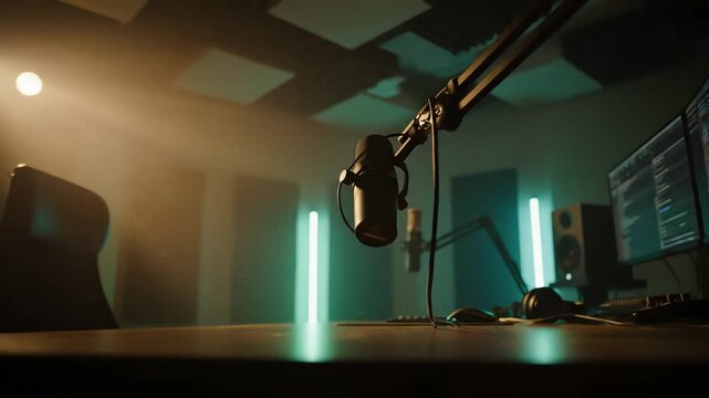 Microphone Setup in Recording Studio with Glowing Neon Lights and Audio Equipment