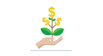 A stylized illustration depicts a hand holding a plant with dollar sign leaves, symbolizing financial growth, investment, and wealth creation against a clean white background.
