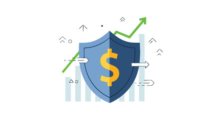 A stylized illustration depicts financial security and growth, featuring a shield with a dollar sign and an upward-trending green arrow, set against a backdrop of financial charts.