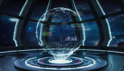 World within Technology's Gaze: A high-tech digital sphere floats within a futuristic control center. A depiction of technological advancement, scientific study.