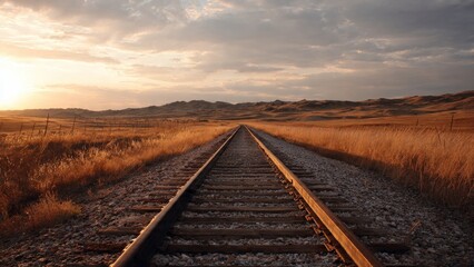 Obraz premium Desert Railroad Tracks Stretch Toward Mountains at Sunset