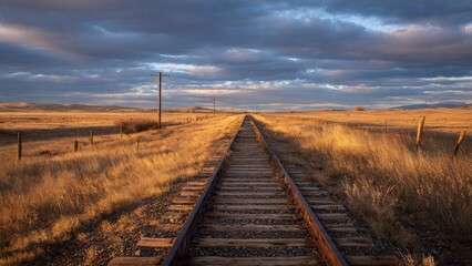 Obraz premium Desert Railroad Tracks Stretch Toward Mountains at Sunset