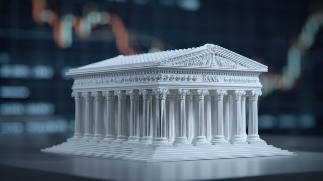 A detailed architectural model of a bank building, featuring classical columns, set against a backdrop of financial data and trends. - Powered by Adobe
