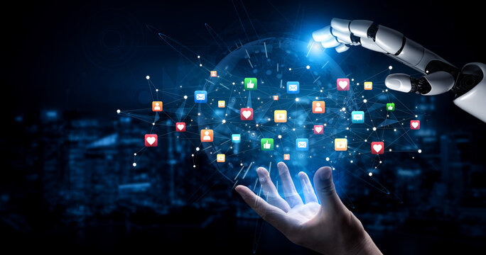 AI enhances social media engagement using intelligent icons, influencer tracking tools, and smart communication platforms for modern digital interaction. Artificial intelligence spline - Powered by Adobe