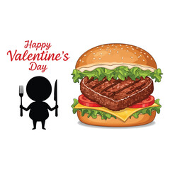 Happy Valentine's Day Fast Food Concept with Heart Shaped Burger Patty and Hungry Silhouette Character Holding Fork and Knife