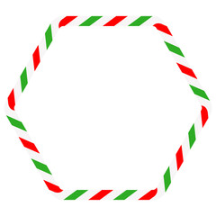 Candy cane rounded hexagon frame. Christmas ribbon with red, green and white stripes. Greeting card with New Year or Christmas decorating border