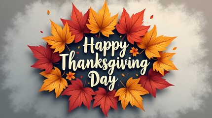 Vector composition of handwritten Thanksgiving typography and richly colored fall leaves on a dusty chalkboard background