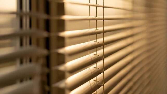Sunlight filtering through horizontal window blinds creating warm shadows and illuminating interior home decor elements