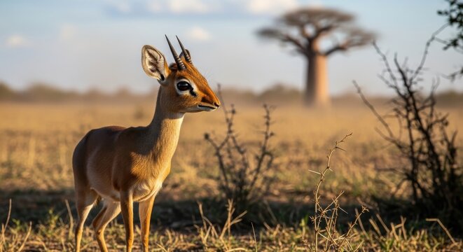 Stunning Dik-dik antelope standing majestically in the African savanna under warm golden light
